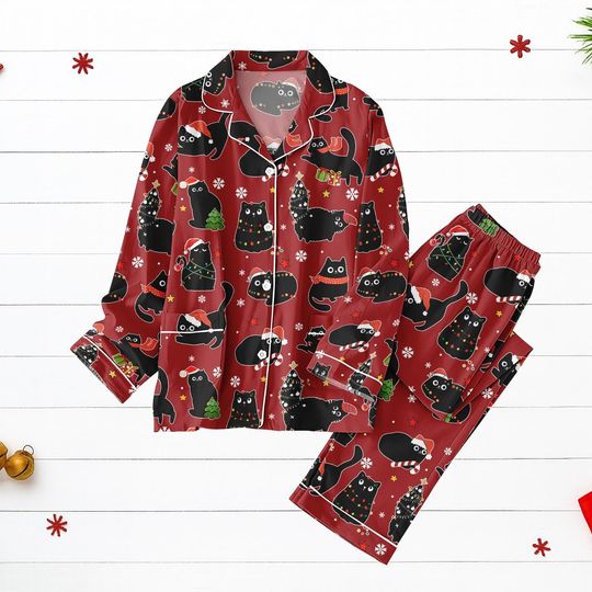 Discover Black Cat Christmas Pajamas, Cute Cat Lover Holiday Sleepwear, Cute Pet Pajamas Women, Funny Christmas Gift, Xmas Holiday Pjs Gift