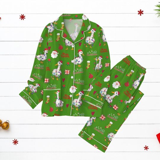 Discover Funny Duck Christmas Pajamas, Merry Quackmas Green Holiday PJs, Cute Animal Sleepwear Set, Cozy Winter Gift, Xmas Gift Kids pjs