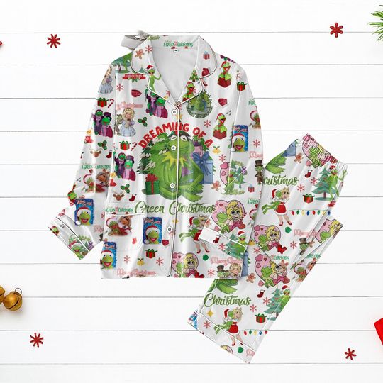 Discover K the frog Christmas Pajamas, Dreaming of Green Holiday PJs Set, Funny Cartoon Sleepwear, Cozy Festive Outfit Gift, The Muppet Gif