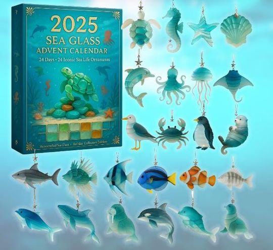 Discover Sea Glass Advent Calendar 2025, Beach Themed Christmas Gift, 24 Ocean Ornaments, Holiday Decor Countdown, Chrismas ornament Calendar