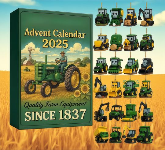 Discover 2025 John Dee Advent Calendar | 24 Farm Tractor Ornaments (2D Acrylic) | Vintage Christmas Decor | Gift for Farm Enthusiasts & Collectors
