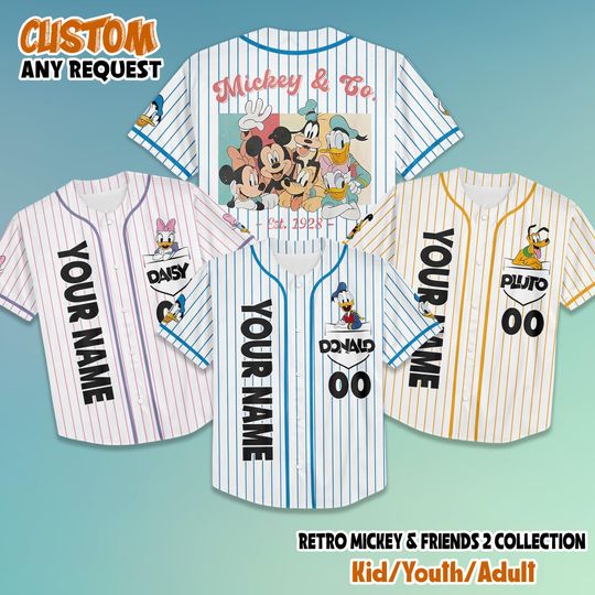 Discover Personalize Disney Mickey & Friends Baseball Jersey, Custom Disneyland Baseball Team Shirt, Disney Matching Outfit, Magic Kingdom Gift