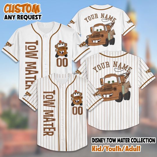Discover Custom Tow Mater Baseball Jersey, Personalized Disney Cars Baseball Shirt, Matching Disney Trip Outfit, Disneyland Birthday Gift