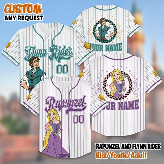 Discover Custom Rapunzel and Flynn Rider Baseball Jersey, Personalized Tangled Jersey Shirt, Princess Rapunzel Gift, Matching Disney Trip Outfit