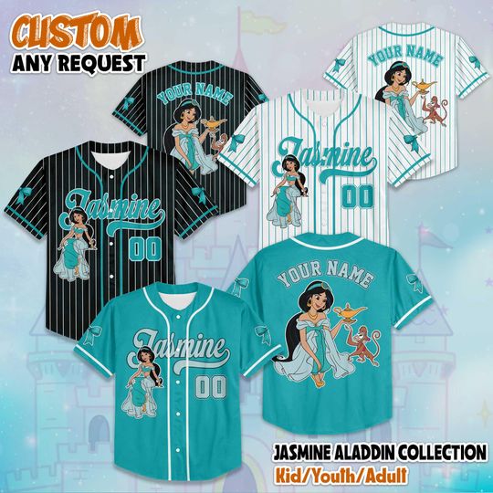 Discover Personalized Jasmine Baseball Jersey, Custom Disney Princess Jasmine Baseball Shirt, Aladdin Fan Gift, Matching Disney Trip Outfit