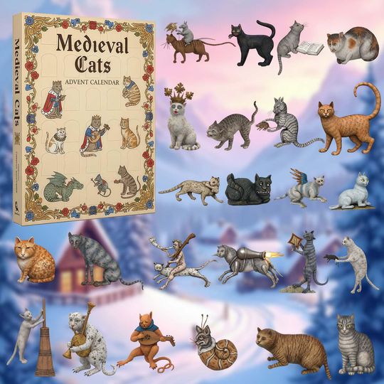 Discover Medieval Cat Advent Calendar 2025, Fantasy Kitty 24 Days Countdown Box, 24 Mini Cat Acrylic Figurines, Whimsical Xmas Gift for Cat Lovers