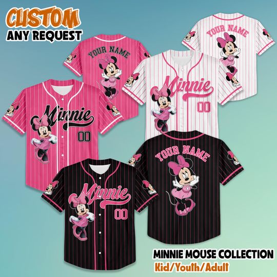Discover Personalized Minnie Mouse Collection Baseball Jersey, Custom Mickey and Friends Shirt, Disney Baseball Team Outfit, Gift for Disney Fans