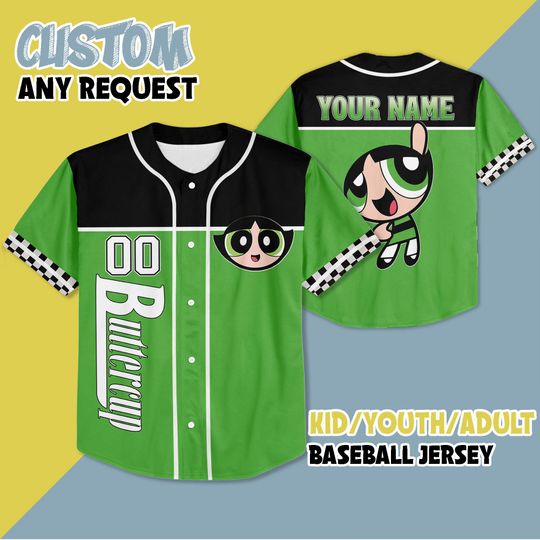Discover Custom Buttercup Baseball Jersey, Personalized Buttercup Powerpuff Jersey Shirt, Gift for Disney Fans & Kids