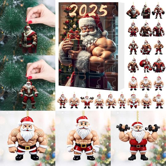 Discover 24 Days Advent Calendar 2025 | Muscular Santa Gym Ornaments Set | Funny Fitness Xmas Decor & Unique Gift for Adults
