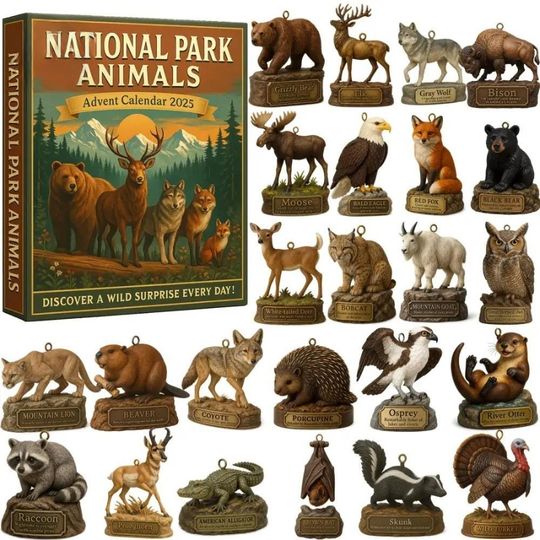 Discover 24 National Park Animals Advent Calendar 2025,Wildlife Mini Figures Set,24 Days Christmas Countdown Box, Nature Lover Gift for Kids & Adults