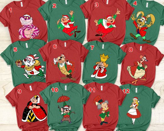Discover Alice in Wonderland Characters Group Christmas Light Matching shirt, Disney Cheshire White Rabbit Xmas, Mickey Very Merry Family Gift