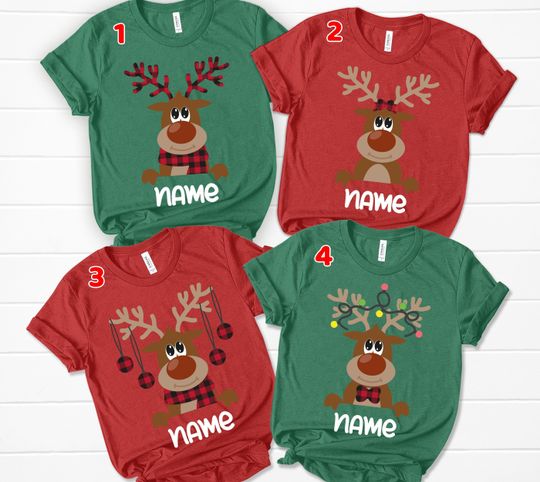Discover Personalized Reindeer Family Christmas T-Shirt, Matching Custom Name Shirt