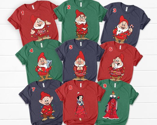 Discover Disney Snow White and Seven Dwarfs Santa Costume Christmas Lights Shirt, Santa Evil Queen Xmas, Disneyland Christmas Matching Family Shirts