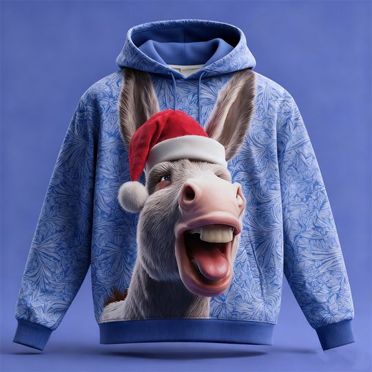 Men's Funny Christmas Donkey Graphic Hoodies 3D Printed Abstract Animal Pattern Hooded Sweatshirts Loose Casual Comfortable Tops