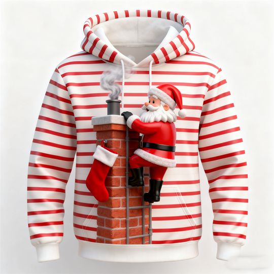 Discover Fashion 3D Print Santa Clause Graphic Hoodies Simple Stripe Pattern Long Sleeve Hooded Tops Christmas Theme Loose Casual Clothes