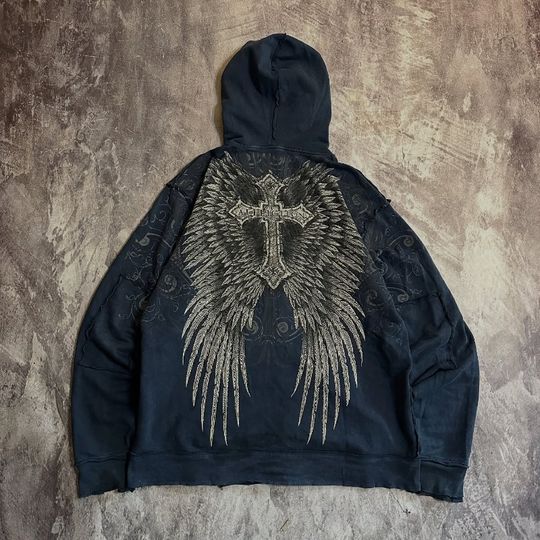 2025 Vintage Popular New Pattern Printing Black Zipper Hoodie Men Y2K Harajuku Hip Hop Rock Casual Couple Joker Sports Sweater