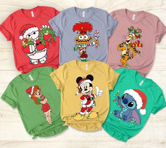Discover Disney All Characters Santa Christmas Lights T-shirt, Custom Xmas Tee, Mickey and Friends, Inside Out 2, Marvel, Star Wars, Princess Lights