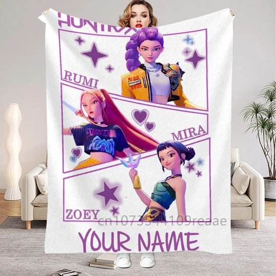 Discover K Pop Demon Hunters Customize Name Flannel Blankets For Girls Boys Living Room Bedroom Sofa Bithday Gifts Soft Throw Blanket