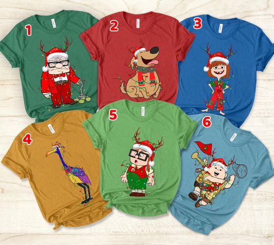 Discover Disney Pixar Up Christmas Lights Characters Group Shirt, Disney Carl Russel Dug Dog Christmas Tee, Disneyland Christmas Family Matching Tee