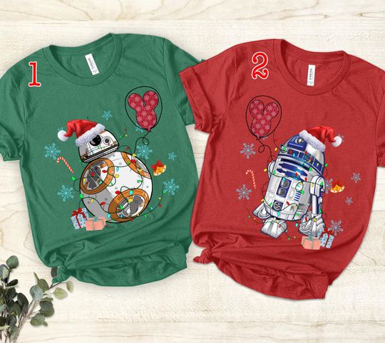 Discover Cute Santa R2-D2 BB-8 Couples Christmas T-shirt, Funny Disney Star Wars Xmas Light Tee, Disneyland Family Holiday Party Trip Gift