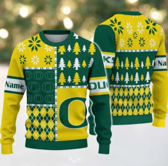 Custom Name Ncaa Oregon Duck Football Team Xmas Tree Snow Ugly Sweater