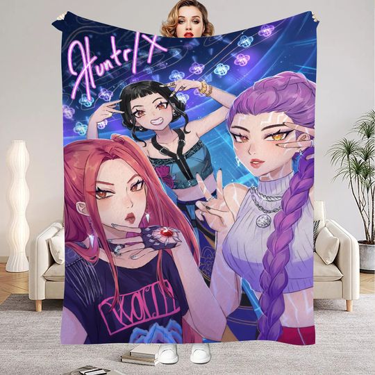 Huntrix Blankets K pop Demon Hunters Zoey Rumi Mira Soft Warm Throw Blanket Kids Living Room Couch Sofa Bed Fluffy Bedspread