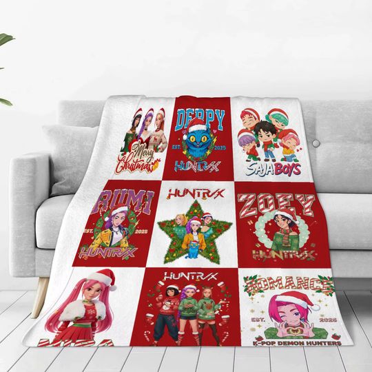 Discover Merry Christmas K-Pop Demon Hunters Blanket Girls Boys Plush Throw Blanket Novelty Warm Blanket All Season Gift