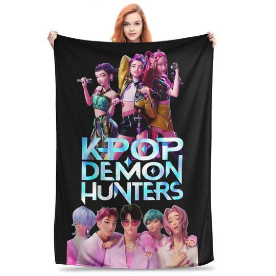 Discover Huntrix & saja boys Flannel Blanket Kpop Demon Hunters Vintage Throw Blankets for Bed Sofa Couch 200x150cm Bedspreads,