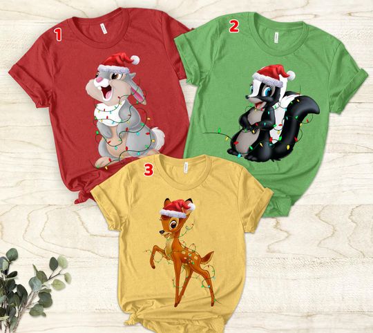 Discover Disney Bambi Thumper and Flower Christmas Lights Shirt, Santa Bambi Friends Group Matching Shirt, Disneyland Christmas Family Matching Tee
