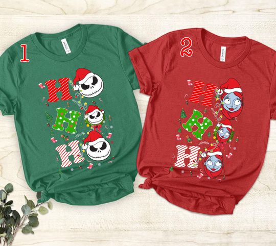 Discover Nightmare Before Christmas Santa Jack and Sally Ho Ho Ho Lights Shirt, Disney Xmas Couple Matching, Disneyland Holiday Vacation Gift