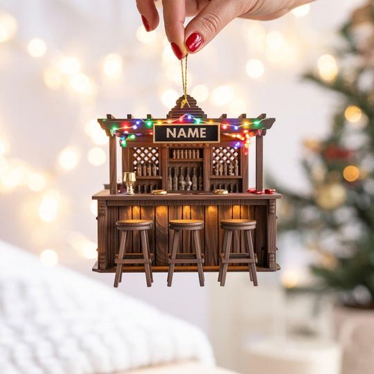 Discover Personalized Miniature Bar 2D Flat Ornament, Whiskey Bottle Christmas Tree Decoration For Men, Unique Billiards Club Model, Game Room Decor