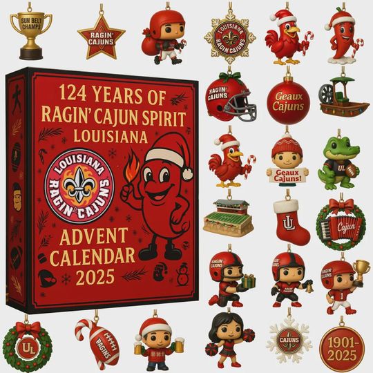 Louisiana Ragin' Cajuns UL Advent Calendar 2025 | 124 Years of Ragin' Cajun Spirit Ornament Set | College Football Fan Gift