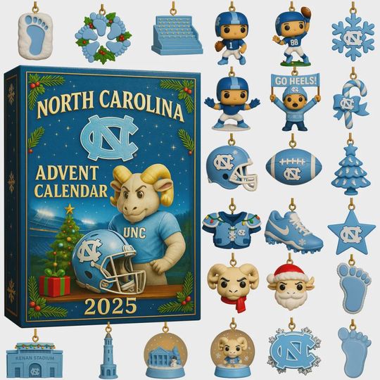 Discover North Carolina Tar Heels UNC Advent Calendar 2025 | College Sports Football Ornament Set | Christmas Countdown Gift for Alumni Students