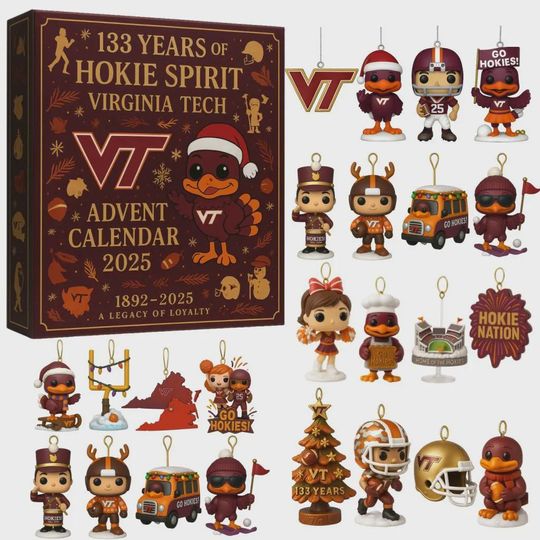 Virginia Tech Hokies Advent Calendar 2025 | 133 Years of Hokie Spirit Ornament Set | College Sports Gift for Alumni and Fans