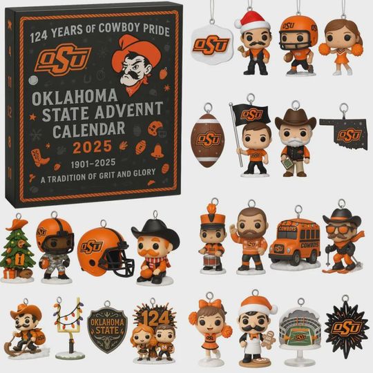 Discover Oklahoma State Cowboys Advent Calendar 2025 | 124 Years of OSU Football Ornament Set | Christmas Countdown Gift for College Sports Fan