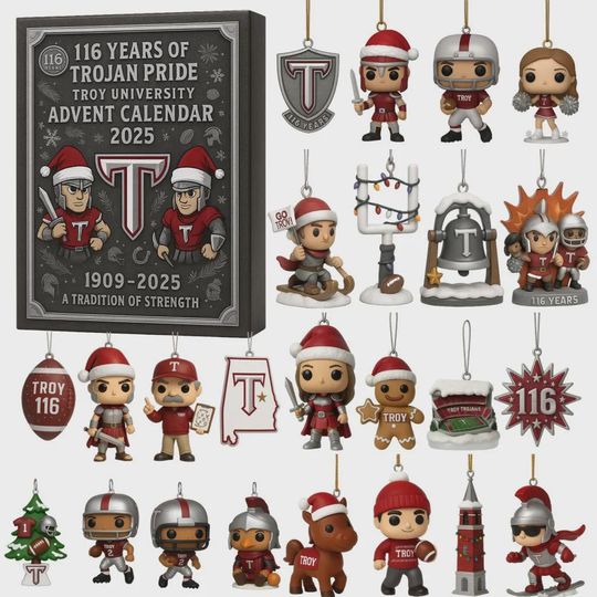Troy University Trojans Advent Calendar 2025 | 116 Years of Trojan Pride Ornament Set | College Football Christmas Gift for Alumni Fans