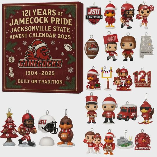 Jacksonville State Gamecocks JSU Advent Calendar 2025 | 121 Years of Gamecock Pride Ornament Set | College Football Fan Gift