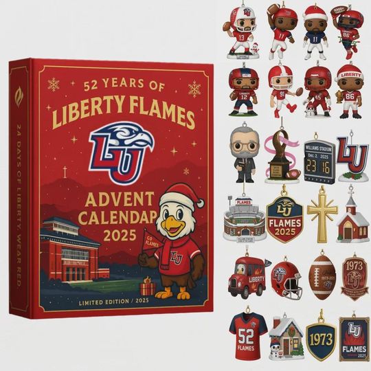 Liberty Flames LU Advent Calendar 2025 | 52 Years of Liberty Wear Red Ornament Set | College Football Fan Gift for Alumni