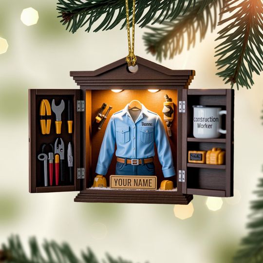 Discover Personalized Construction Worker Christmas Ornament, Miniature Workshop Acrylic Ornament with Custom Name, Builder Holiday Gift