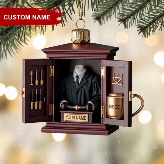 Personalized Judge Christmas Ornament, Miniature Courtroom Acrylic Ornament with Custom Name, Law School Graduate or Lawyer Gift