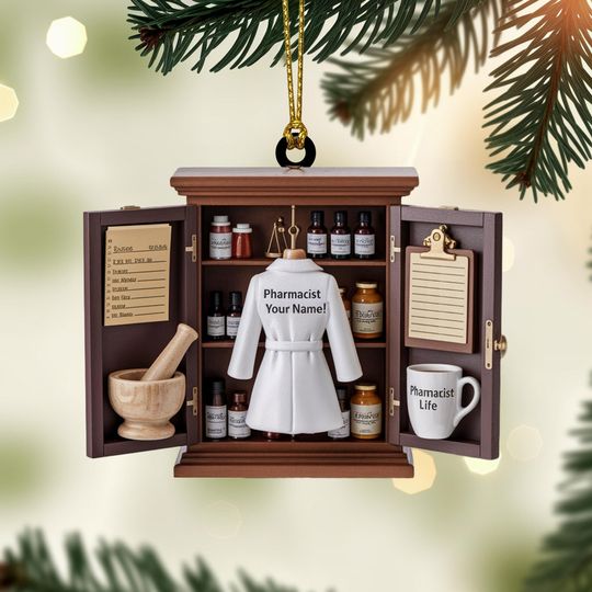 Discover Personalized Pharmacist Christmas Ornament, Miniature Apothecary Cabinet Acrylic Ornament with Custom Name, Pharmacy Student Gift