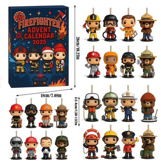 Firefighter Advent Calendar 2025 | 24 Mini Firefighter Ornaments | Xmas Countdown Gift for Kids & Adults | Holiday Hero Decor