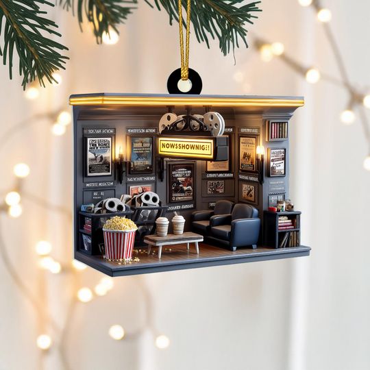 Movie Theater Room Ornament, Christmas Decor with Projector, Popcorn, and Movie Posters, Gift for Film Lovers