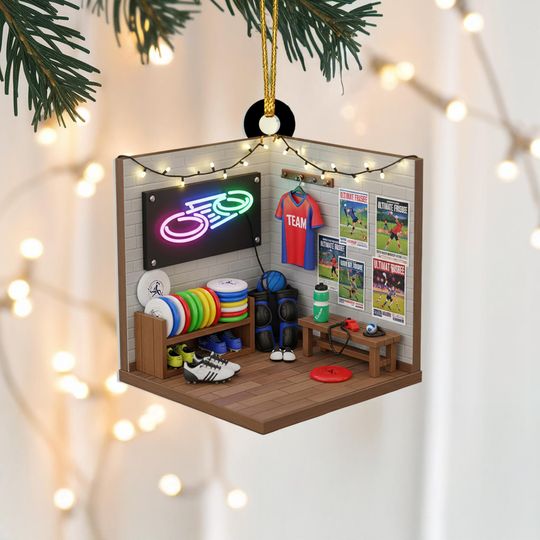 Discover Ultimate Frisbee Locker Room Ornament, Christmas Decor with Neon Lights and Sports Gear, Gift for Athletes