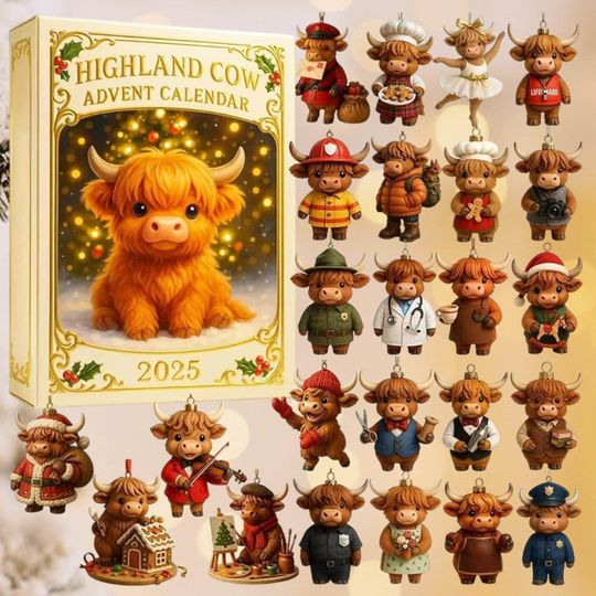 Discover Farm Animal Christmas Countdown Box, Highland Cow Advent Calendar 2025, 24 Day Highland Cow Ornaments, Rustic Farmhouse Holiday Gift Set