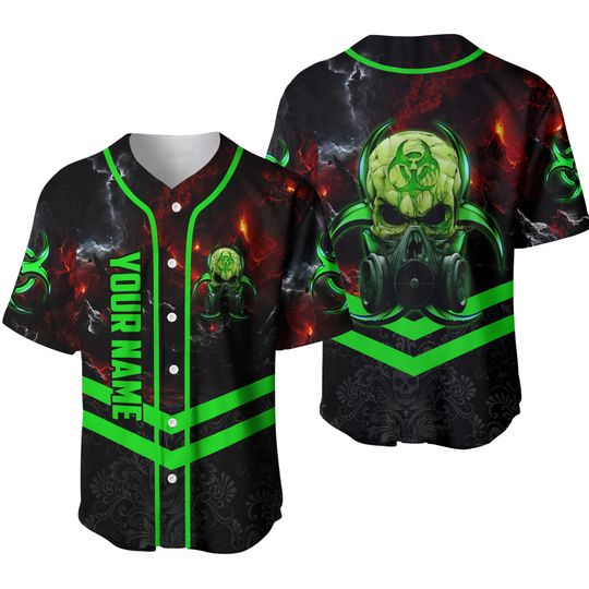 Custom Biohazard Baseball Jersey Personalized Name Shirt Toxic Skull Green Gas Mask Horror Halloween Outfit Streetwear Fan Gift