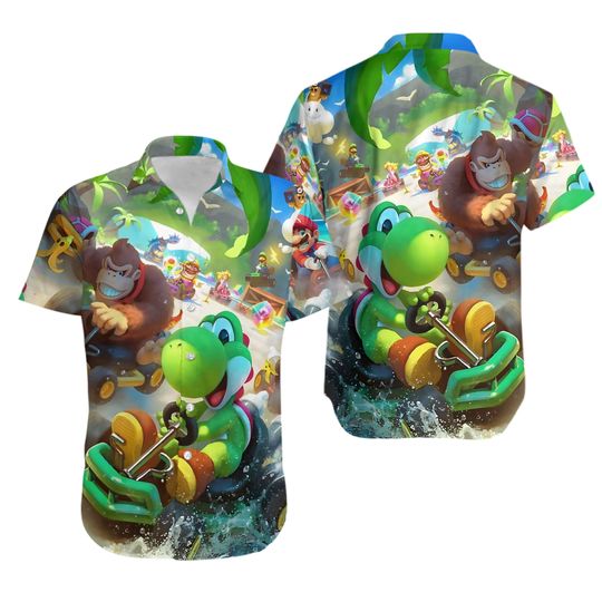 Cute Yoshi Hawaiian Shirt, Donkey Kong Button Shirt, Super Mario Shirt, Super Mario Bros Shirt, Vintage Video Game Shirt, Gift For Fan