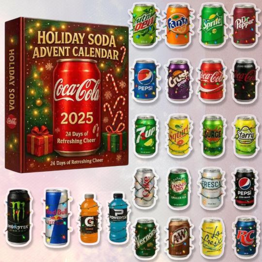 Discover Soda Charms 2025 Advent Calendar, Holiday Soda Christmas Ornament, 24-Day Countdown Box, Christmas Lights Sugar Lovers Drinks Blind Box Gift