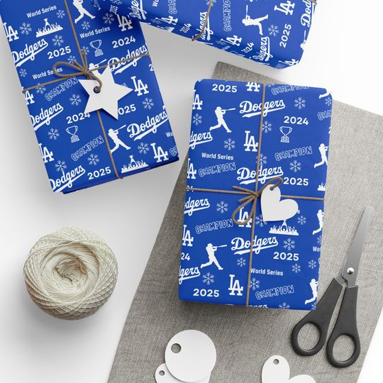 Discover Holiday LA Dodgers Pattern Wrapping Paper | Blue Baseball Christmas 2024