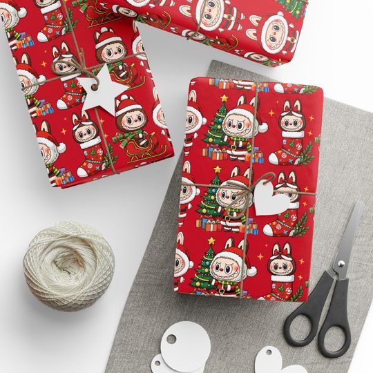 Labubu Christmas Wrapping Paper Roll | Cute Holiday Gift Wrap | Kawaii Xmas Paper | Funny Character Gift Wrap | Red Christmas Wrapping Paper